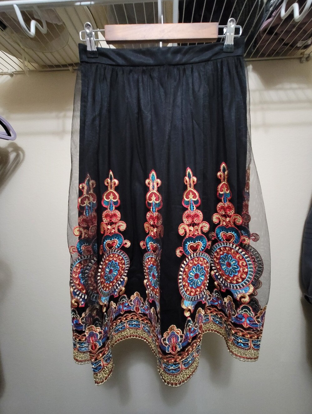 Forever 21 Black Midi Skirt with Multicolor Embroidered Border